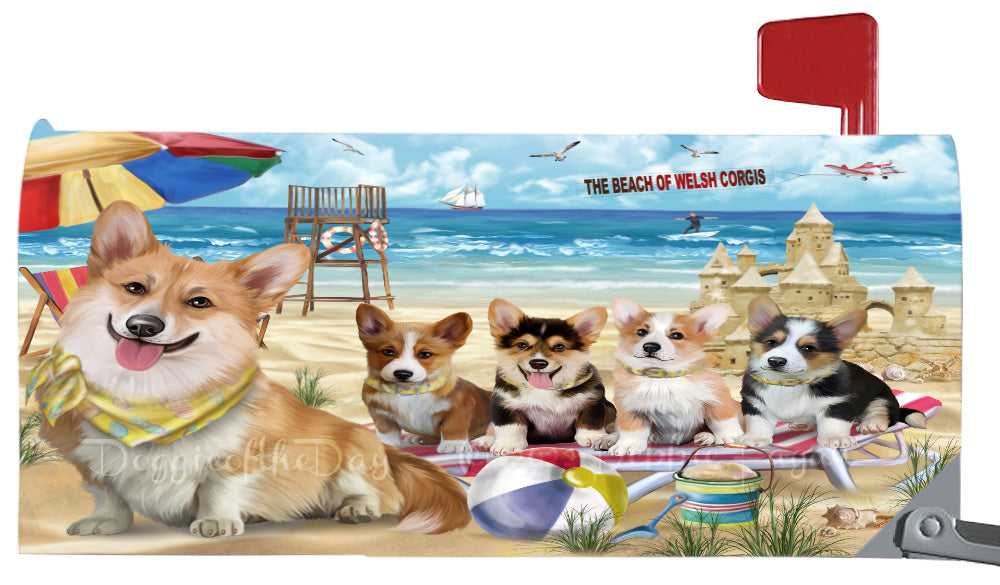 Pet Friendly Beach Corgi Dogs Magnetic Mailbox Cover Both Sides Pet Theme Printed Decorative Letter Box Wrap Case Postbox Thick Magnetic Vinyl Material