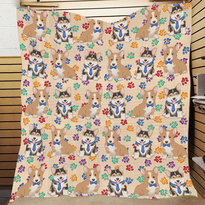 Rainbow Paw Print Corgi Dogs Blue Quilt