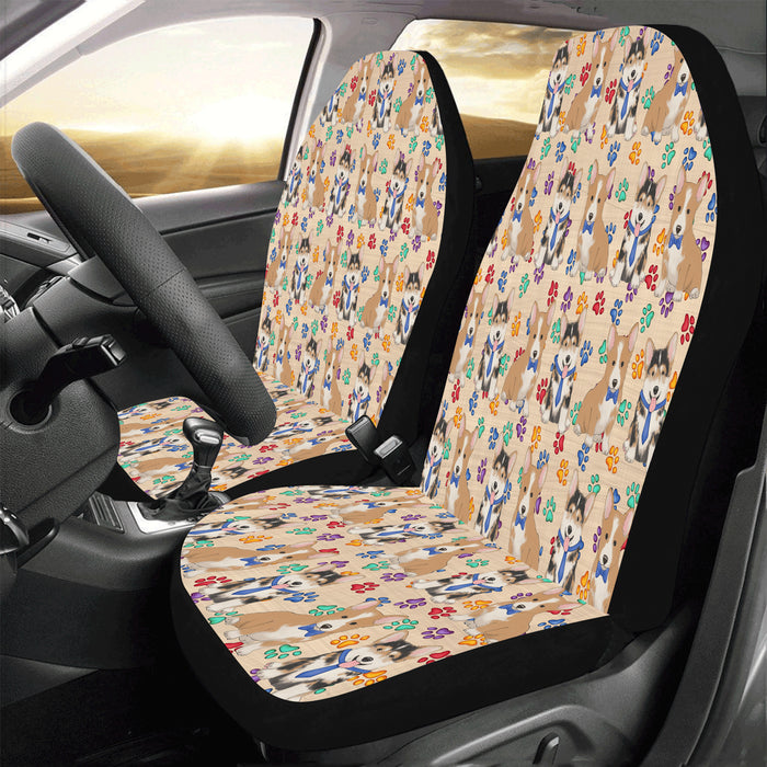 Rainbow Paw Print Corgi Dogs Blue Car Seat Covers (Set of 2)