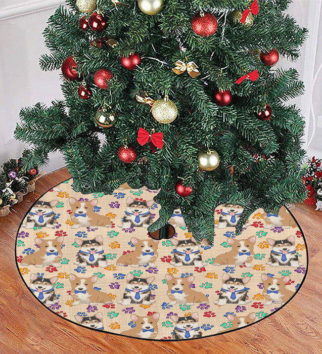 Rainbow Paw Print Corgi Dogs Blue Christmas Tree Skirt