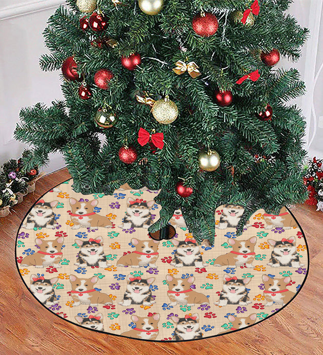 Rainbow Paw Print Corgi Dogs Red Christmas Tree Skirt