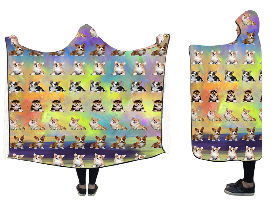 Paradise Wave Corgi Dogs  Hooded Blanket 50"x40"
