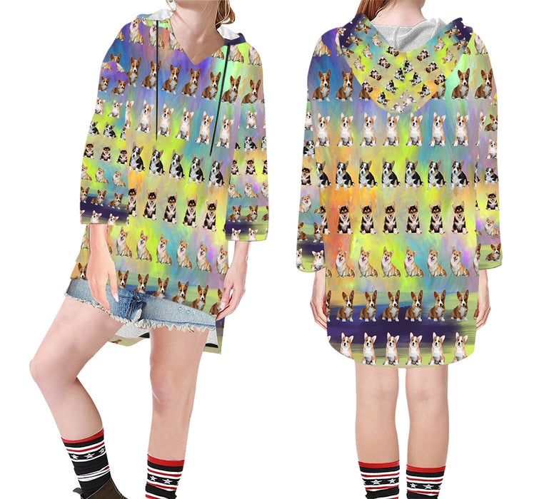 Paradise Wave Corgi Dogs Step Hem Women's Hoodie