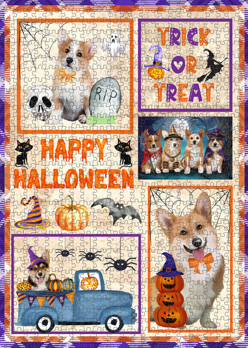 Happy Halloween Trick or Treat Corgi Dogs Portrait Jigsaw Puzzle for Adults Animal Interlocking Puzzle Game Unique Gift for Dog Lover's with Metal Tin Box
