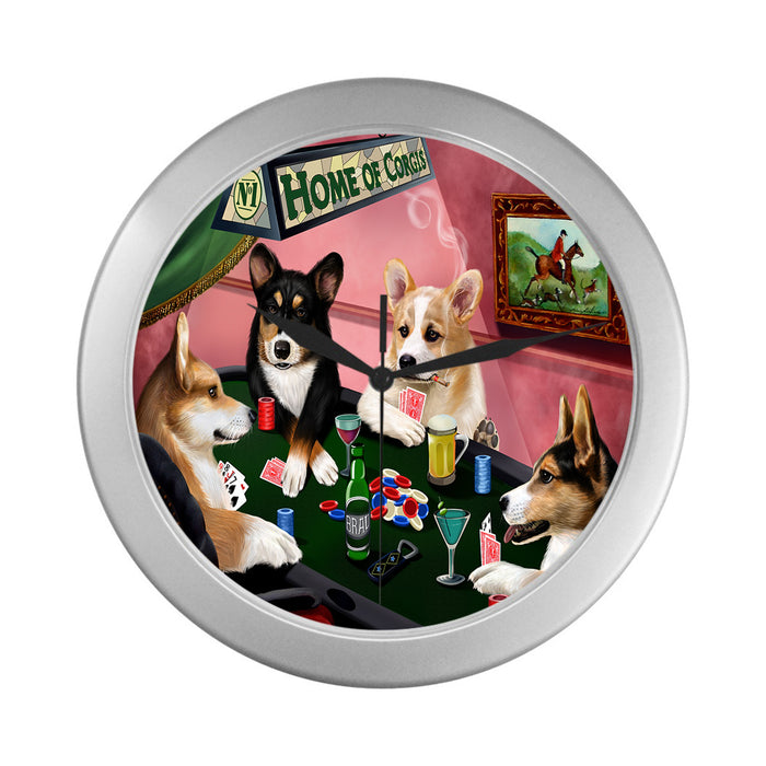 Home of Corgi Dogs Playing Poker Silver Wall Clocks
