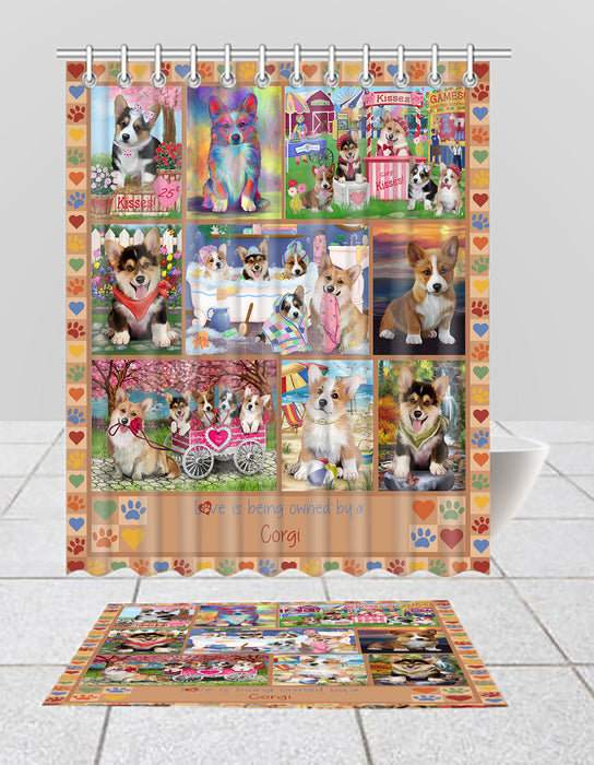 Love is Being Owned Corgi Dog Beige Bath Mat and Shower Curtain Combo