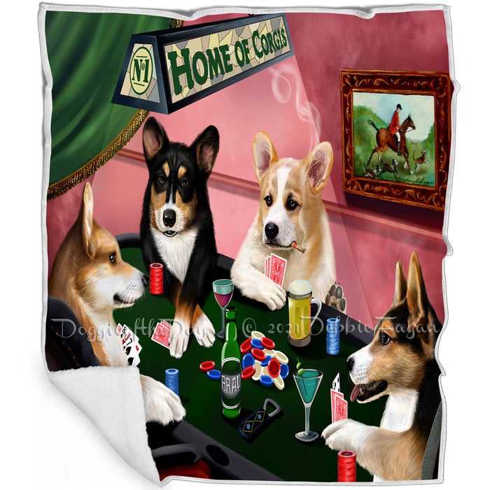 Home of Welsh Corgi 4 Dogs Playing Poker Blanket