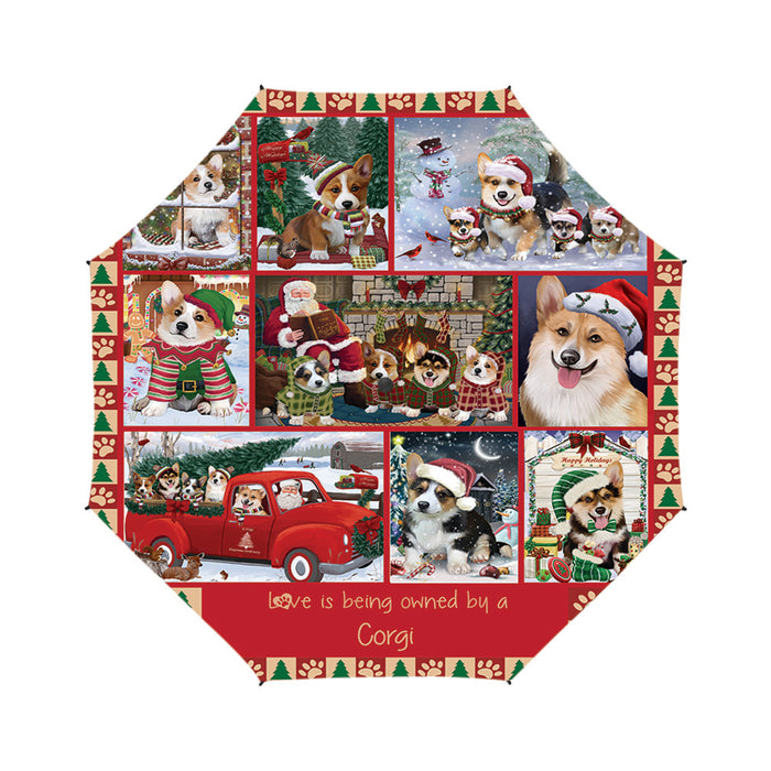 Love is Being Owned Christmas Corgi Dogs Semi-Automatic Foldable Umbrella