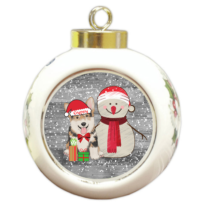 Custom Personalized Snowy Snowman and Corgi Dog Christmas Round Ball Ornament