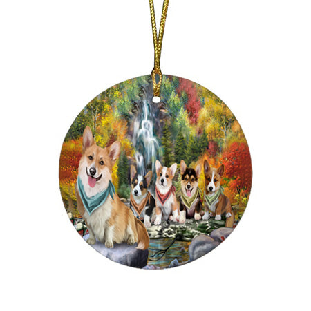 Scenic Waterfall Corgis Dog Round Flat Christmas Ornament RFPOR49732
