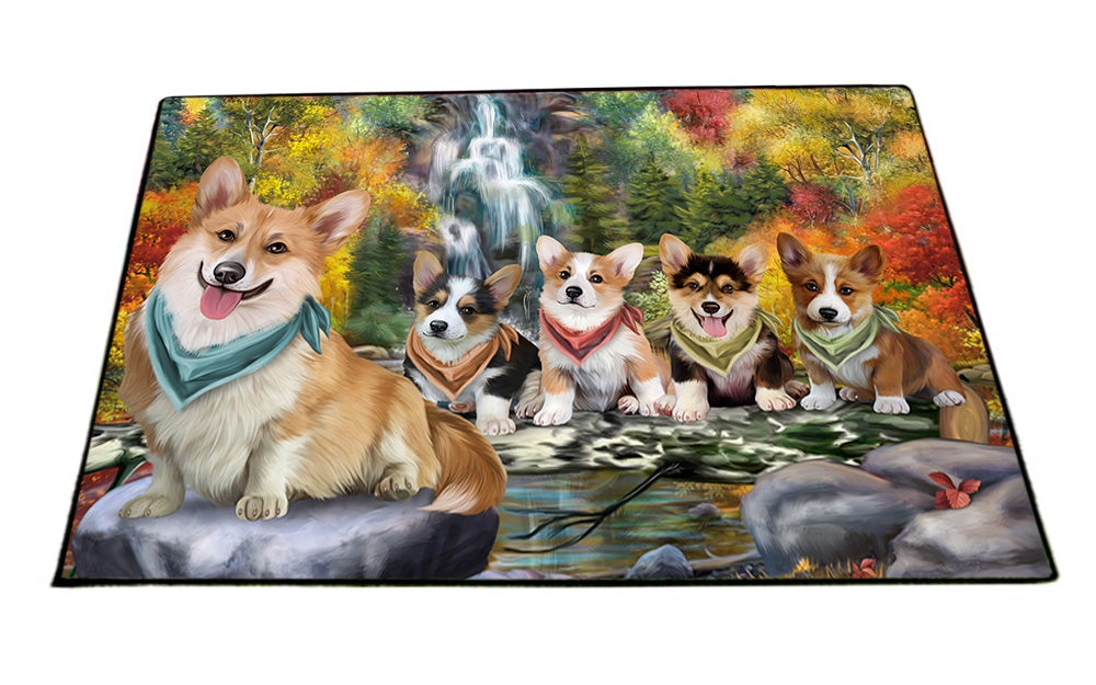 Scenic Waterfall Corgis Dog Floormat FLMS50073