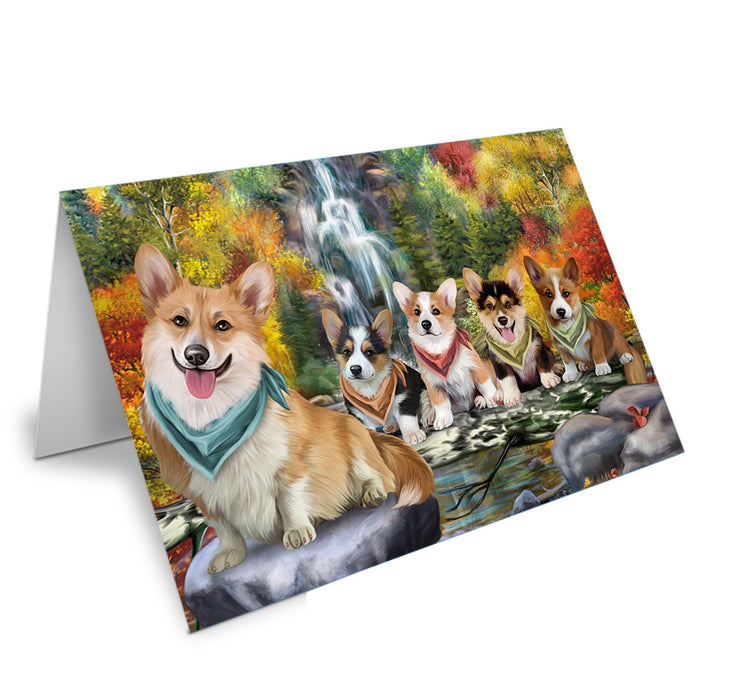 Scenic Waterfall Corgis Dog Handmade Artwork Assorted Pets Greeting Cards and Note Cards with Envelopes for All Occasions and Holiday Seasons GCD53252