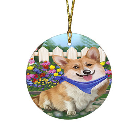 Spring Floral Corgi Dog Round Flat Christmas Ornament RFPOR49852