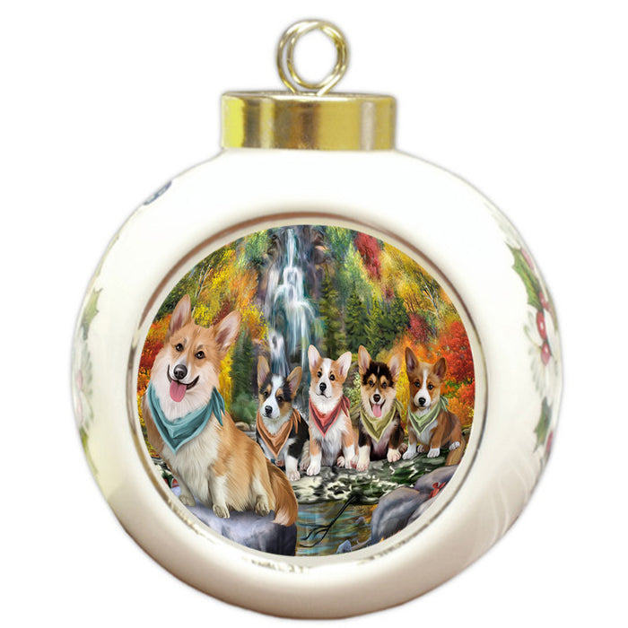 Scenic Waterfall Corgis Dog Round Ball Christmas Ornament RBPOR49741