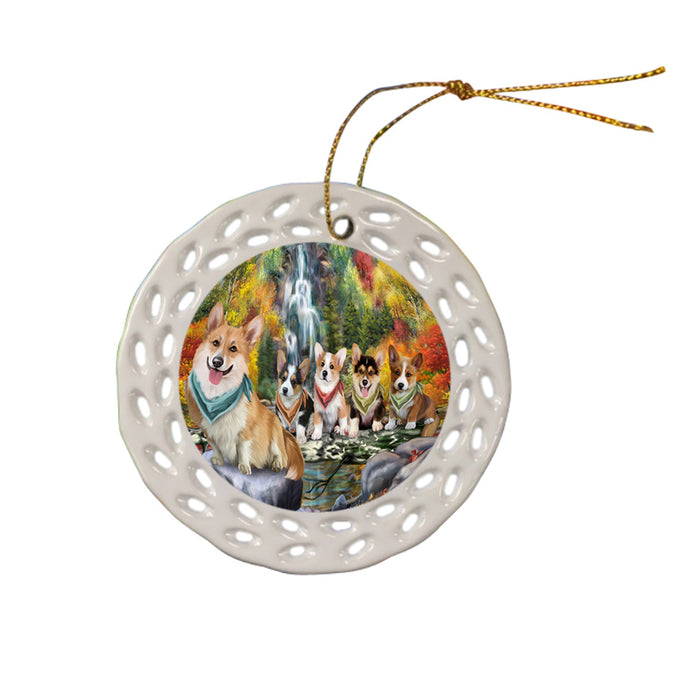 Scenic Waterfall Corgis Dog Ceramic Doily Ornament DPOR49741