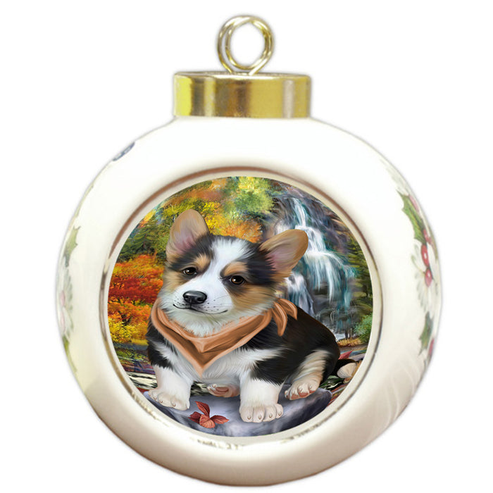 Scenic Waterfall Corgi Dog Round Ball Christmas Ornament RBPOR49742