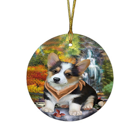 Scenic Waterfall Corgi Dog Round Flat Christmas Ornament RFPOR49733