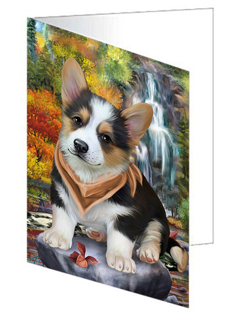 Scenic Waterfall Corgi Dog Handmade Artwork Assorted Pets Greeting Cards and Note Cards with Envelopes for All Occasions and Holiday Seasons GCD53255