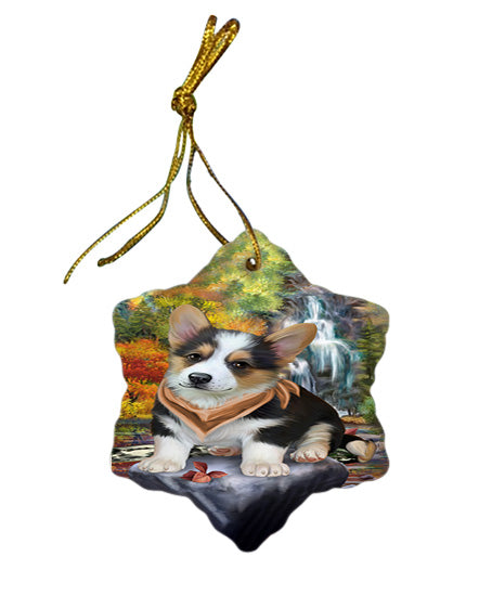 Scenic Waterfall Corgi Dog Star Porcelain Ornament SPOR49734