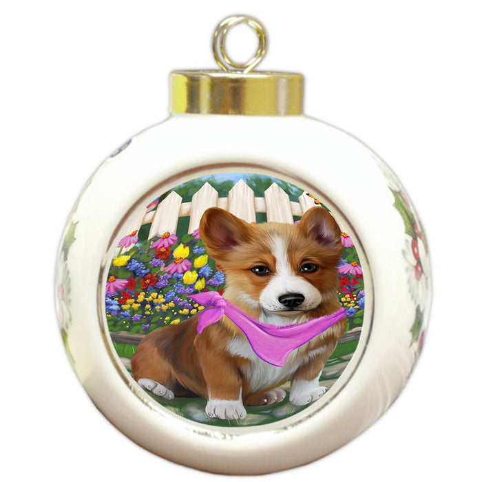 Spring Floral Corgi Dog Round Ball Christmas Ornament RBPOR49863