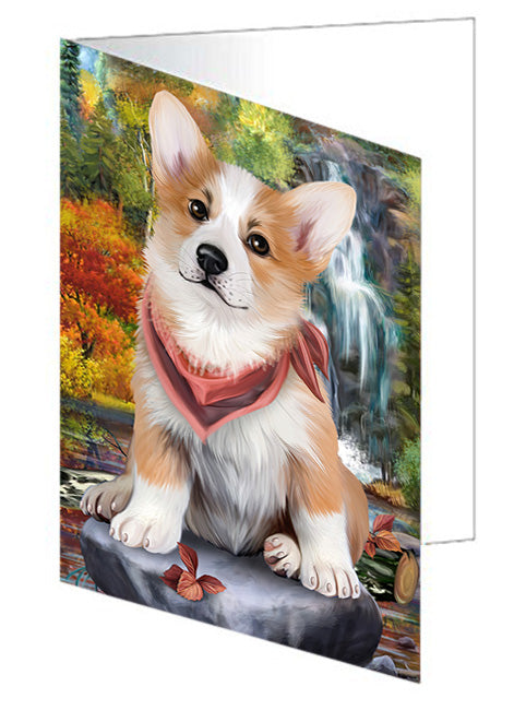 Scenic Waterfall Corgi Dog Handmade Artwork Assorted Pets Greeting Cards and Note Cards with Envelopes for All Occasions and Holiday Seasons GCD53258