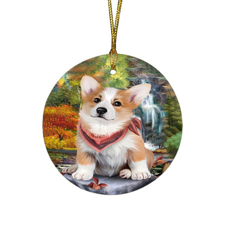 Scenic Waterfall Corgi Dog Round Flat Christmas Ornament RFPOR49734