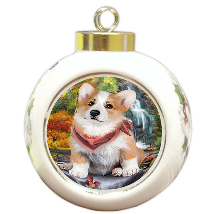 Scenic Waterfall Corgi Dog Round Ball Christmas Ornament RBPOR49743