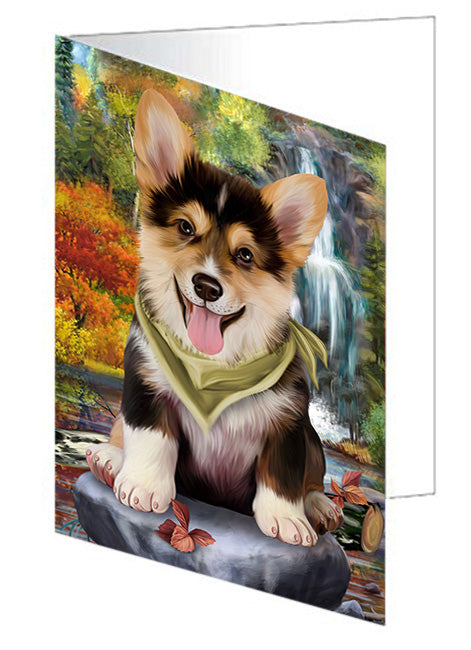 Scenic Waterfall Corgi Dog Handmade Artwork Assorted Pets Greeting Cards and Note Cards with Envelopes for All Occasions and Holiday Seasons GCD53261