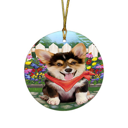 Spring Floral Corgi Dog Round Flat Christmas Ornament RFPOR49855