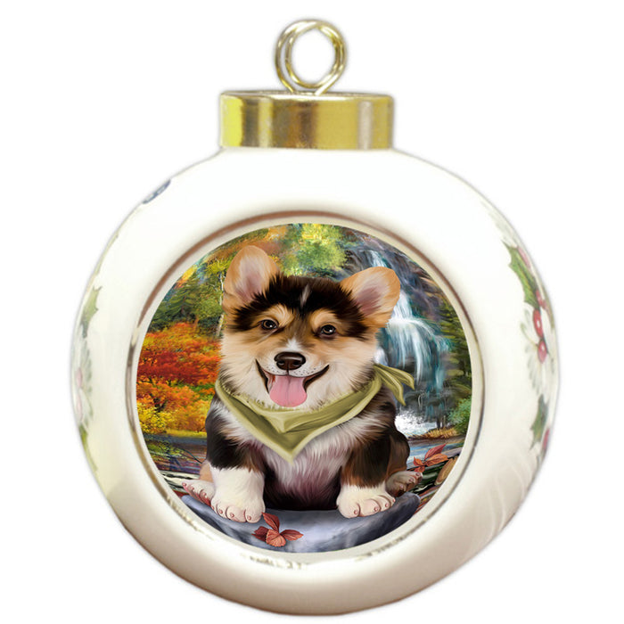 Scenic Waterfall Corgi Dog Round Ball Christmas Ornament RBPOR49744