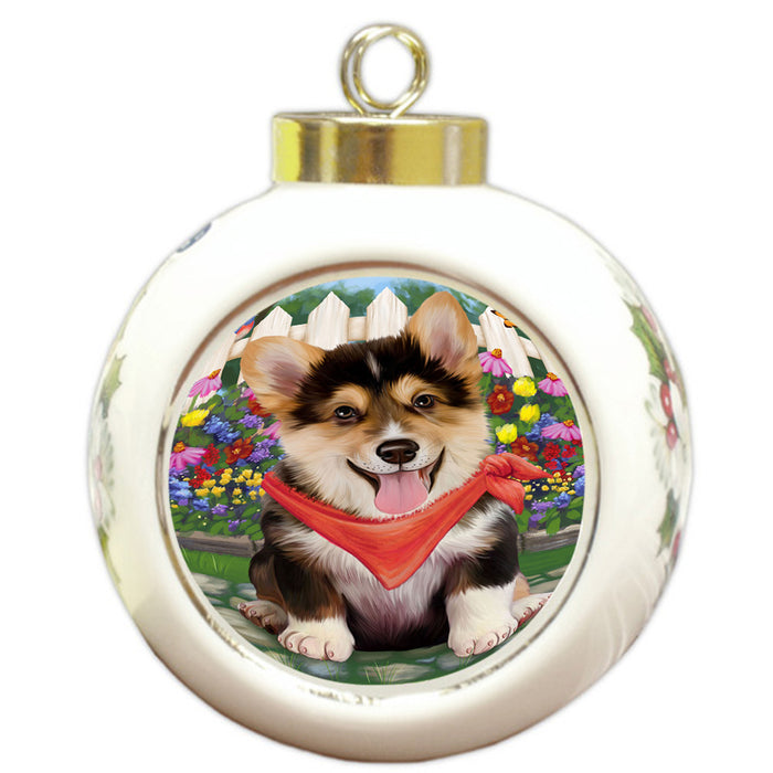 Spring Floral Corgi Dog Round Ball Christmas Ornament RBPOR49864