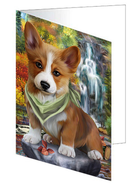 Scenic Waterfall Corgi Dog Handmade Artwork Assorted Pets Greeting Cards and Note Cards with Envelopes for All Occasions and Holiday Seasons GCD53264