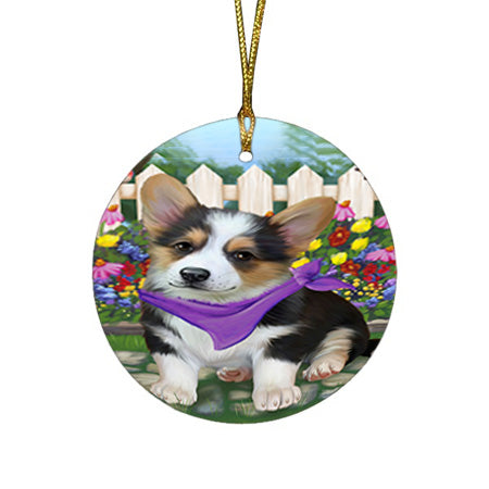 Spring Floral Corgi Dog Round Flat Christmas Ornament RFPOR49856