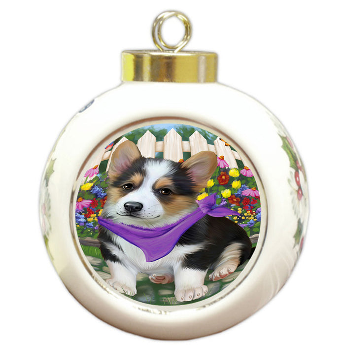 Spring Floral Corgi Dog Round Ball Christmas Ornament RBPOR49865