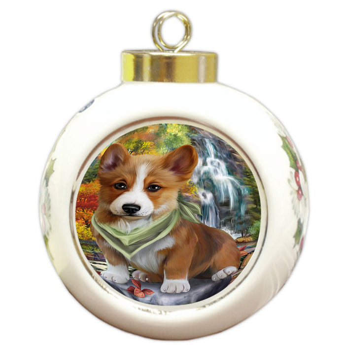 Scenic Waterfall Corgi Dog Round Ball Christmas Ornament RBPOR49745