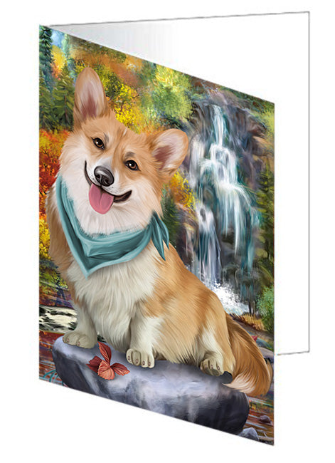 Scenic Waterfall Corgi Dog Handmade Artwork Assorted Pets Greeting Cards and Note Cards with Envelopes for All Occasions and Holiday Seasons GCD53267