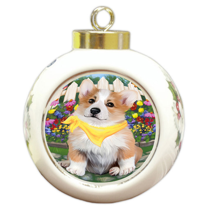 Spring Floral Corgi Dog Round Ball Christmas Ornament RBPOR49866