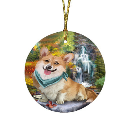 Scenic Waterfall Corgi Dog Round Flat Christmas Ornament RFPOR49737