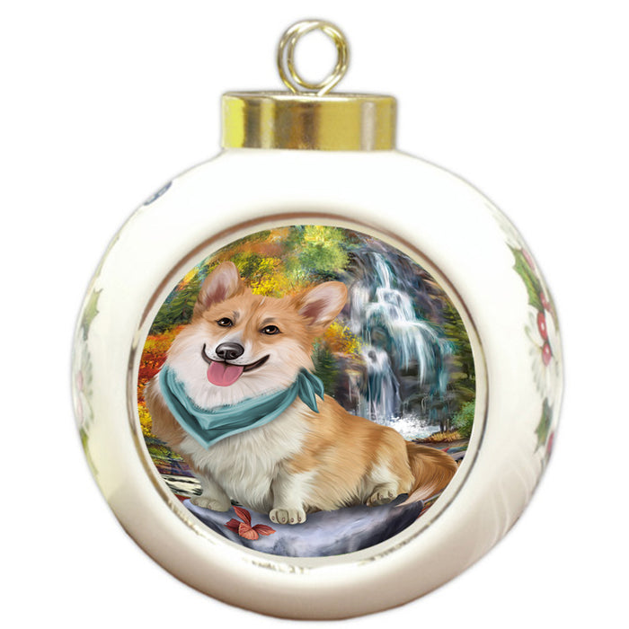 Scenic Waterfall Corgi Dog Round Ball Christmas Ornament RBPOR49746