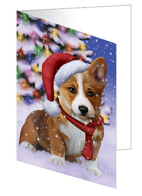 Winterland Wonderland Corgi Dog In Christmas Holiday Scenic Background  Handmade Artwork Assorted Pets Greeting Cards and Note Cards with Envelopes for All Occasions and Holiday Seasons GCD64187