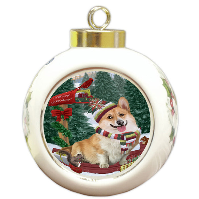Merry Christmas Woodland Sled Corgi Dog Round Ball Christmas Ornament RBPOR55271