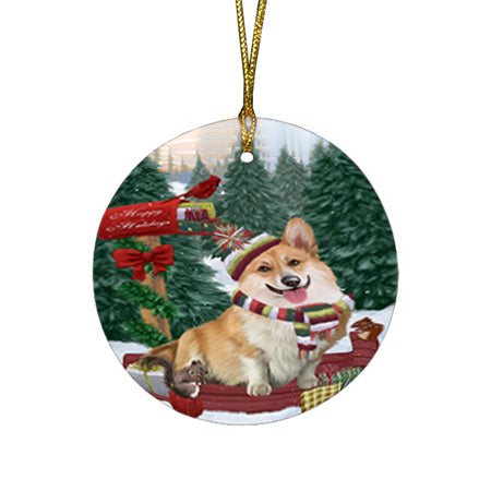 Merry Christmas Woodland Sled Corgi Dog Round Flat Christmas Ornament RFPOR55271