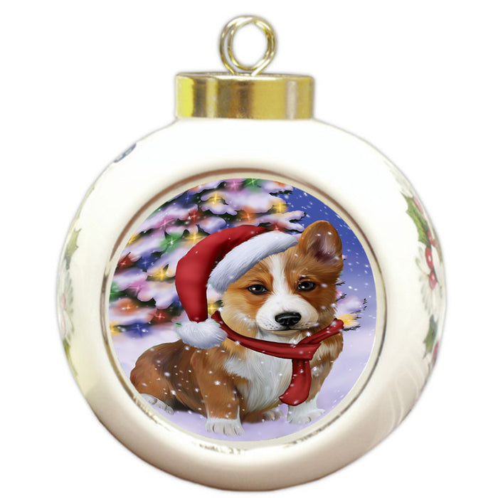 Winterland Wonderland Corgi Dog In Christmas Holiday Scenic Background  Round Ball Christmas Ornament RBPOR53386
