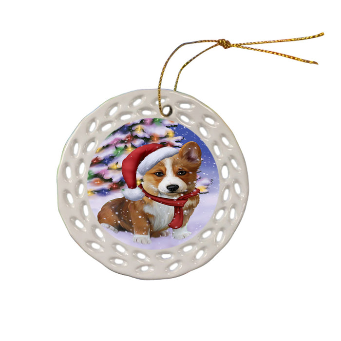 Winterland Wonderland Corgi Dog In Christmas Holiday Scenic Background  Ceramic Doily Ornament DPOR53386