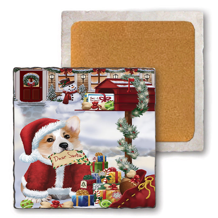 Corgi Dog Dear Santa Letter Christmas Holiday Mailbox Set of 4 Natural Stone Marble Tile Coasters MCST48894