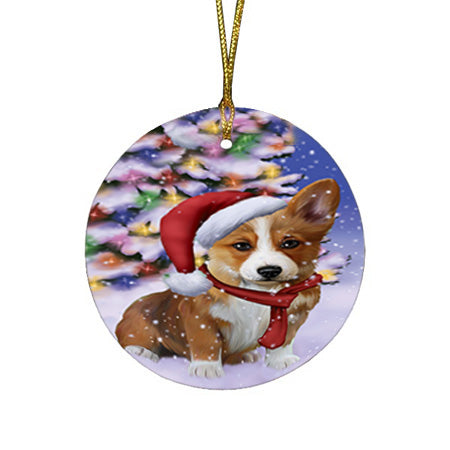 Winterland Wonderland Corgi Dog In Christmas Holiday Scenic Background  Round Flat Christmas Ornament RFPOR53377