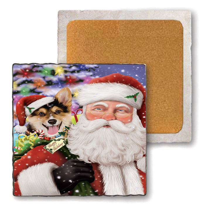 Santa Carrying Corgi Dog and Christmas Presents Set of 4 Natural Stone Marble Tile Coasters MCST48984