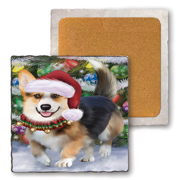 Trotting in the Snow Corgi Dog Set of 4 Natural Stone Marble Tile Coasters MCST49564