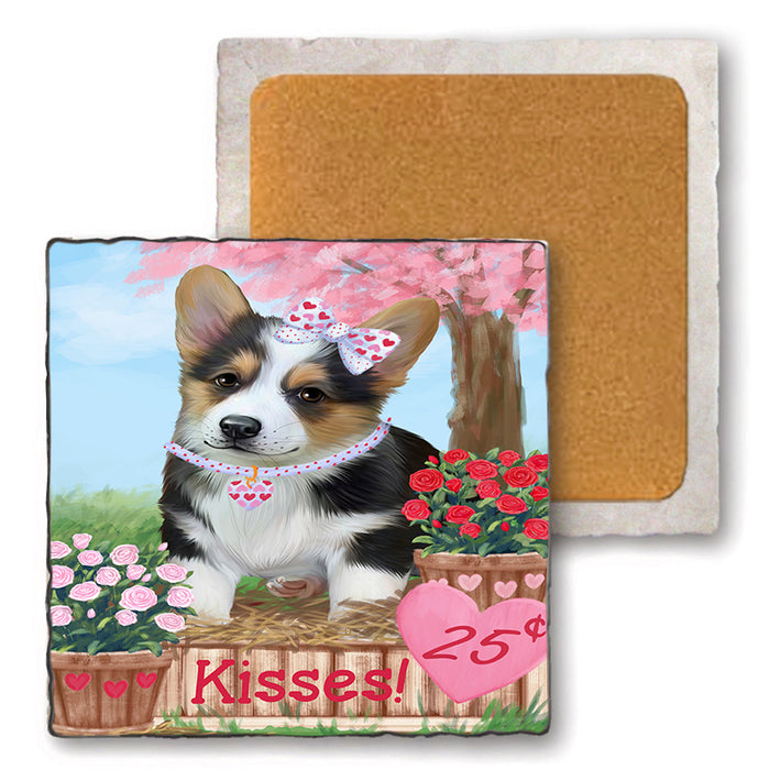 Rosie 25 Cent Kisses Corgi Dog Set of 4 Natural Stone Marble Tile Coasters MCST50853