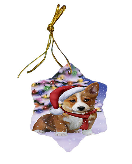 Winterland Wonderland Corgi Dog In Christmas Holiday Scenic Background  Star Porcelain Ornament SPOR53377